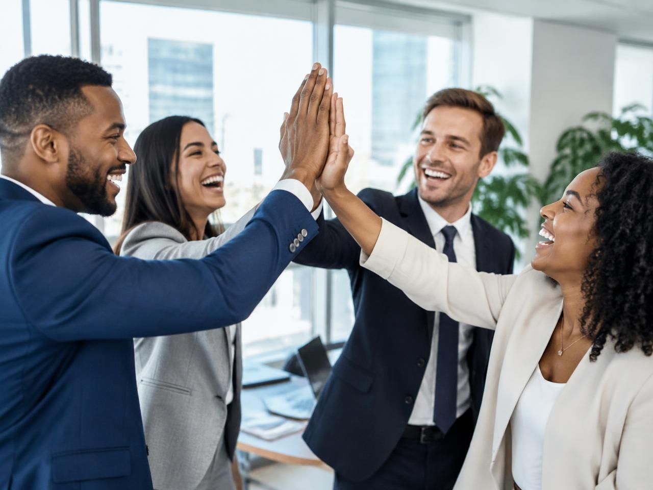 Team high-fiving in an office